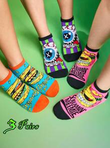 MADBALLS X SHEIN 3 双柔软透气吸湿排汗休闲女士短袜条纹时尚酷炫粉色和蓝色情侣短袜加固脚趾和脚跟，经久耐用，适合所有季节，适合夏季和冬季 - 彩色 - 查看 2