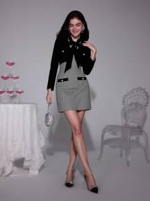 SHEIN MOD 优雅休闲通勤套装连衣裙和夹克，秋季两件套，秋季女式夹克，商务休闲女装，正式礼服，性感办公室女式两件套，老式教师装 - 黑與白 - 查看 2