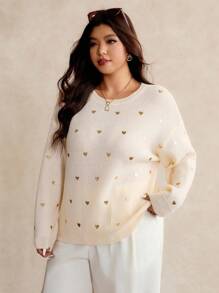 Elaquor Maglione casual oversize da donna con motivo a cuori, collo rotondo, maniche a giro, maniche lunghe, adatto per l'autunno/inverno - Albicocca - Visualizzare 6
