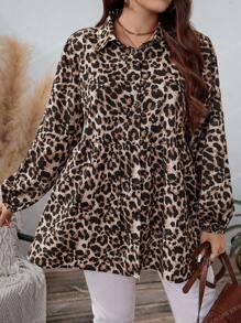 SHEIN LUNE Plus Size Women Leopard Print Lapel Long Sleeve Blouse, Fall/Winter Tops Button Up Shirt Business Casual Woman Work Thanksgiving Holiday - Multicolor - View 5