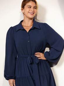 Momelise Váy xòe cổ bẻ cao cấp thanh lịch mới cho mùa xuân và mùa thu, cỡ lớn dành cho nữ - Màu xanh hải quân - Xem 4