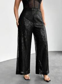 Firerie Plus High Waist Sequin Wide Leg Trousers - Black - View 4