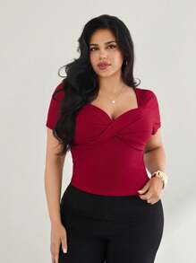 Firerie Plus Rib-Knit Twist Sweetheart Neck Tee - Burgundy - View 4