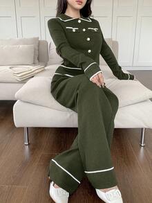 Feyla 2 件套女士撞色纽扣前口袋长袖上衣和裤子套装秋冬两件套 - 綠色 - 查看 6