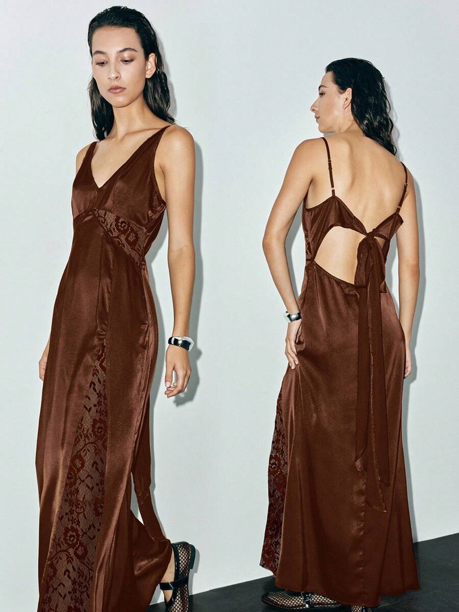 Lumivelle Váy yếm buộc dây phía trước ren gợi cảm mùa hè Váy mùa hè phong cách Maillard Quần áo mùa hè màu nâu cho trường đại học - Cà phê nâu - Xem 1