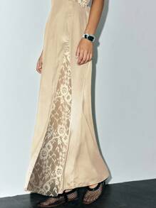 Chiquease Summer Sexy Spaghetti Strap Lace Patchwork Tie-Knot Backless Dress - Champagne - View 6