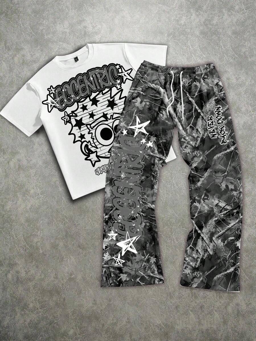 Manfinity ZONE917 Men's Loose Letter & Cartoon Character Print Short Sleeve T-Shirt And Pants Set - Grey - View 1