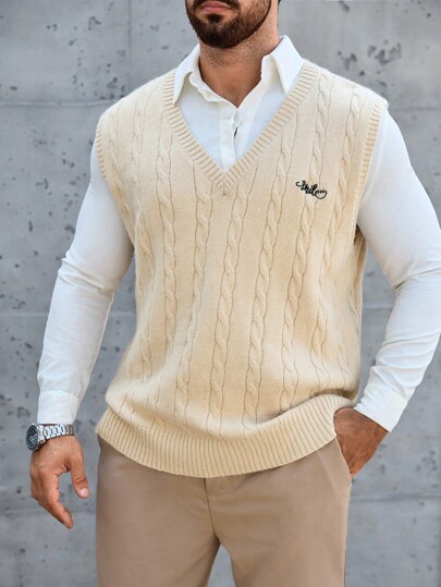 Manfinity Homme Men Plus Size V-Neck Casual Knitted Vest With Letter Embroidery & Cable Cable Pattern, Fall/Winter