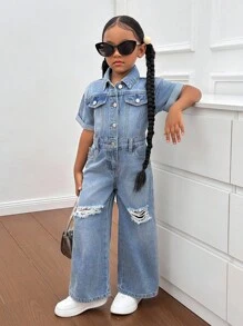 SHEIN 年轻女孩蓝色牛仔破洞衬衫式连体裤，酷炫街头造型