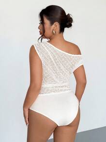 Firerie Plus Size Women's Asymmetric Neckline Ruched Textured Elastic Bodysuit, Elegant & Romantic For Weddings, Concerts, Celebrations, Spring/Summer - Apricot - View 2