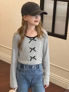 DAZY Tween Girls Daily Casual T-Shirt, Autumn - Grey - View 1