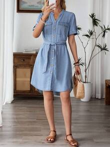 EMERY ROSE 女式V领单排扣短袖休闲宽松牛仔连衣裙