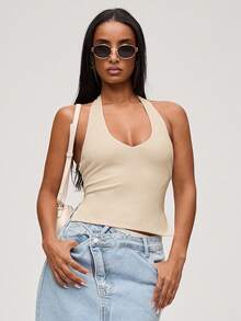 SHEIN BASICS 女式休闲纯色针织露背上衣 - 杏色 - 查看 3