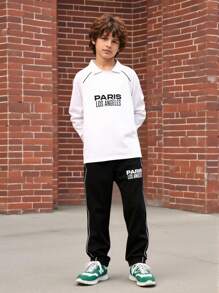 Tween Boy Casual Letter Print T-Shirt And Pants Set Chic Outfits For Autumn/Winter - White - View 7