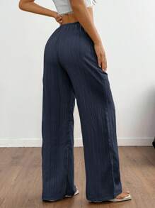 SHEIN Tall 女式休闲纯色纹理面料抽绳腰阔腿裤 - 藏蓝色 - 查看 2