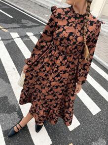 SHEIN Leap Crew Teen Girls Allover Floral Print Frilled Neck Ruffle Hem Dress - Multicolor - View 7