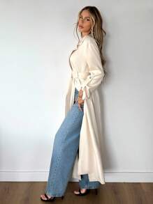 SHEIN ICON 秋冬女士米色外出纯色翻领休闲长款宽松长袖风衣 - 杏色 - 查看 4