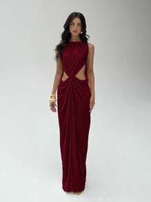 Aloruh 女式纯色褶皱圆领镂空无袖连衣裙 - 酒紅色 - 查看 4