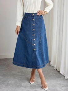 SHEIN Elenzya Chân váy Maxi denim giặt nút phía trước - Rửa tối - Xem 1