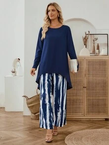 EMERY ROSE 2件套女式休闲前短后长上衣和印花裤套装