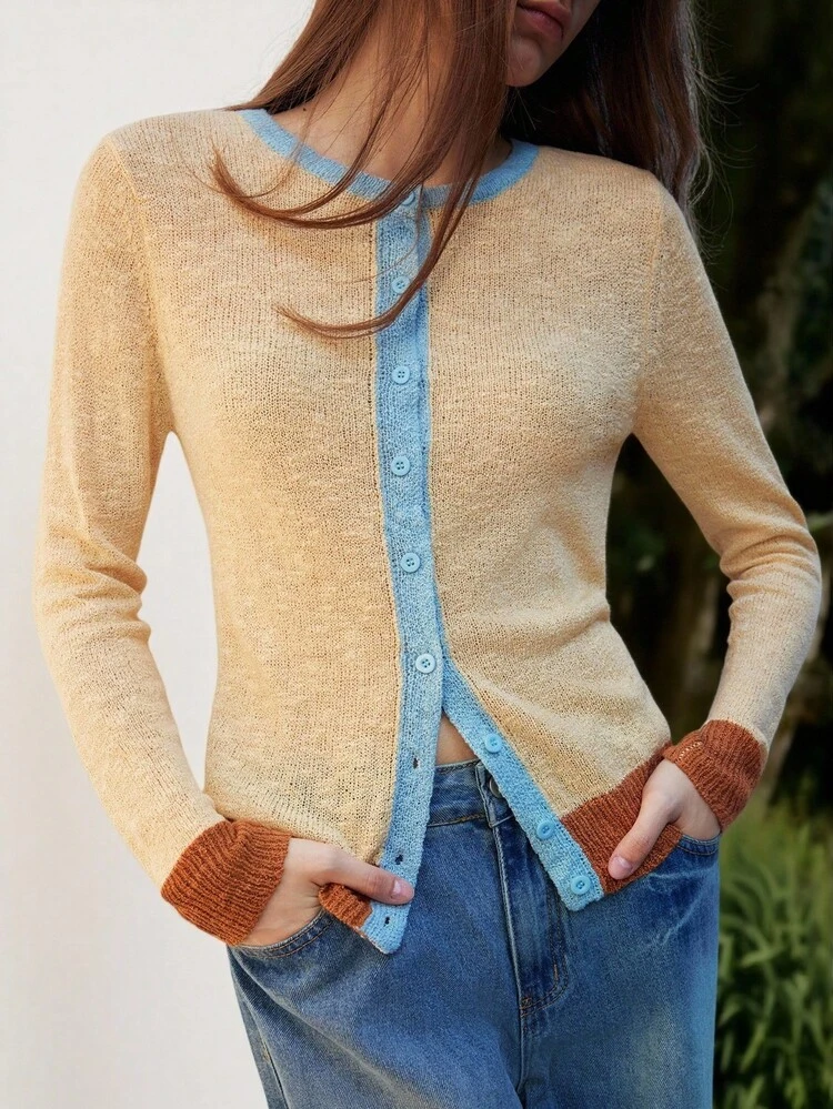 SHEIN Maija Cardigan de Tricô Amarelo de Gola Redonda, Manga Longa e Abotoamento Simples com Contraste de Cor, Escritório para Mulheres, Outono