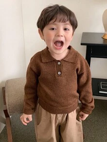 DAZY Toddler Boys' Casual Solid Color Turndown Collar Long Sleeve Sweater, Spring/Autumn - Coffee Brown - View 5