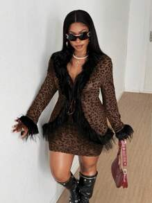 Maweii Set de Chaqueta de mujer talla grande con estampado de leopardo + Minifalda sexy