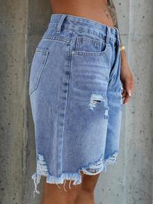 SAYEHFBABY Women's Front Button Pocket Distressed Simple Casual Denim Shorts, Tall Women - Blue - View 4