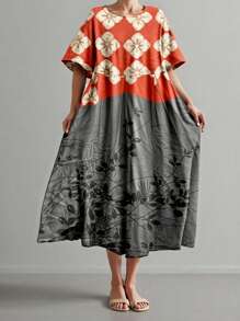 SHEIN LUNE 加大码花卉印花圆领口袋春季连衣裙，常规女士夏季休闲连衣裙 - 彩色 - 查看 1