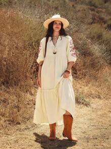 Vestido largo de mujer talla grande con estampado tropical de plantas en rosa y verde, vestido casual suelto con cuello en V y lazo, manga larga, para principios de otoño - Beis - Ver 2