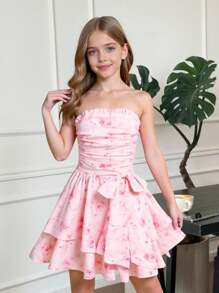 SHEIN 少女法式优雅花卉荷叶边蝴蝶结多层蛋糕裙腰带优雅连衣裙，法式童话风格，公主裙，适合生日派对、毕业舞会、情人节、派对 - 粉色 - 查看 9