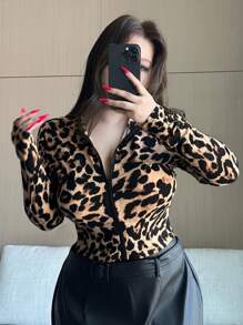 Dazy Plus Veste courte à manches longues en jersey léopard élastique pour femmes grandes tailles, nouvelle arrivée pour le début de l'automne - Kaki - Voir 3