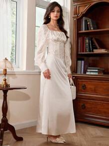 SHEIN MOD Women's Elegant Cream White Jacquard Lantern Sleeve Blouse And Skirt 2 Pieces Set,Victorian Autumn Dinner Date White Satin Long Sleeve Corset Top - Apricot - View 6