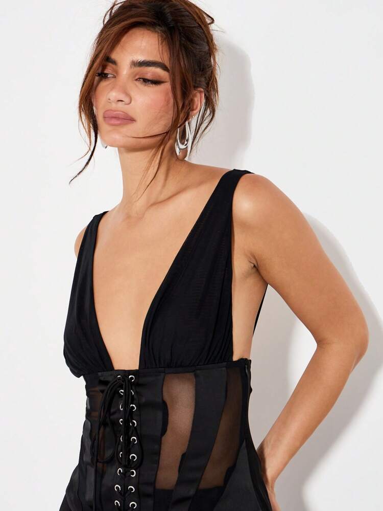 KIZN Plunge Neck Corset Style Tank Top With Mesh Panel Lace Up Detail Evening Wear Party Club Night Out Glamorous Fashion