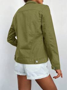 EURMUSE Flap Detail Button Front Denim Jacket - Olive Green - View 2