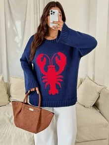 Vionelle 大码女式法式针织提花套头衫，时尚优雅，百搭休闲，适合秋冬 - 藍色 - 查看 3