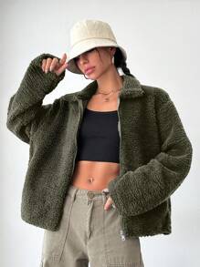 EURMUSE Women's Drop-shoulder Teddy Regular Coat - Khaki - View 4