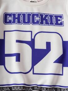 Nick 90s | SHEIN 2pcs/Set Young Boy Sports Casual Jersey Style Cartoon & Numeric Graphic White Crew Neck Long Sleeve Sweatshirt And Pants Knit Tracksuit - Multicolor - View 7