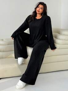 Solflare Bộ đồ ngủ 2 món tay dài cổ tròn màu trơn cỡ lớn dành cho nữ, Bộ đồ mặc nhà 2 món thoải mái dành cho nữ, Bộ đồ mặc nhà 2 món thoải mái dành cho nữ, Bộ đồ mặc nhà tay dài 2 món có gân, Hẹn hò, Hẹn hò, Giữ ấm, Tiệc tùng, Đi chơi, Khách dự tiệc cưới, Sang trọng, Ở nhà, Giáng sinh - màu đen - Xem 5