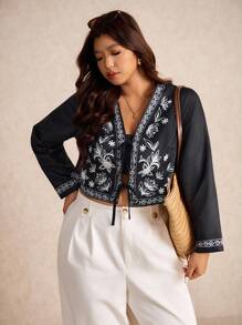 Elaquor Große Größen Lässig Jacke mit Blume Muster und Kordelzug