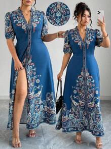 Elenzga Đầm maxi dài tay ngắn cổ chữ V cài một hàng khuy dành cho nữ cỡ lớn, kiểu boho in họa tiết, thích hợp mặc thường ngày hoặc đi nghỉ dưỡng. Đầm nữ thường ngày, đầm công sở, đầm hè, đầm dự tiệc sinh nhật, quần áo nữ mùa hè. - Màu xanh hải quân - Xem 1