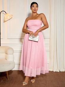 Allurite Plus Size Women's Blush Pink Summer Elegant Formal Wedding Ninang Mid-Length Dress,Sleeveless Pleated Ruched Elastic Waist For Parties And Occasions - Pink - View 4