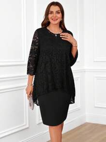 Miaspire Plus Size Women's Round Neck Long Sleeve Lace Stitching Curved Hem Double Layer Elegant Party Red New Years Dress,Winter Clothes For Women,Valentine Day