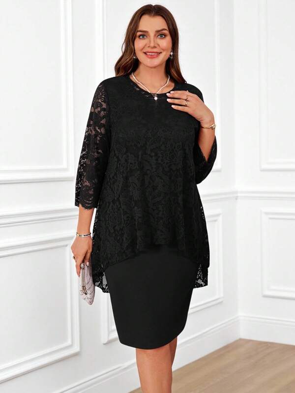 Miaspire Plus Size Women's Round Neck Long Sleeve Lace Stitching Curved Hem Double Layer Elegant Party Red New Years Dress,Winter Clothes For Women,Valentine Day