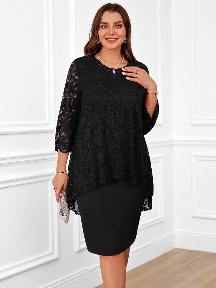 Miaspire Plus Size Women's Round Neck Long Sleeve Lace Stitching Curved Hem Double Layer Elegant Party Red New Years Dress,Winter Clothes For Women,Valentine Day