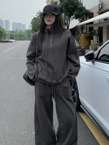 DAZY 女士保暖内衬圆领卫衣和宽松长裤两件套休闲街头风家居服套装 - 灰色 - 查看 1