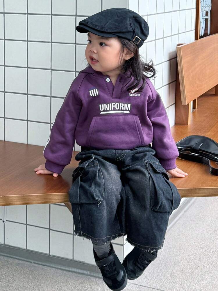 Toddler Girls' Spring/Autumn Hooded Artistic Letter Print Long Sleeve Sweatshirt, Korean Style