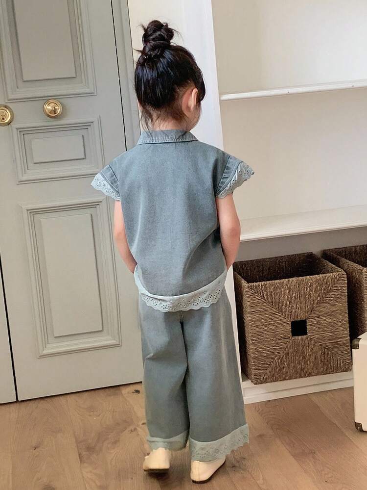 2pcs Young Girls Lace Patchwork Korean Style Denim Shirt And Loose Denim Shorts Set