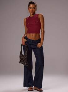 MUSERA 修身金属胸饰细节修身背心，适合假日、节日、锐舞、颓废风、酷女孩、Y2K风格、优雅假日派对、夏季和春季穿着。 - 酒紅色 - 查看 5