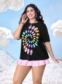 SHEIN X Care Bears 大码夏季休闲卡通熊印花圆领短袖T恤 - 黑色 - 查看 3